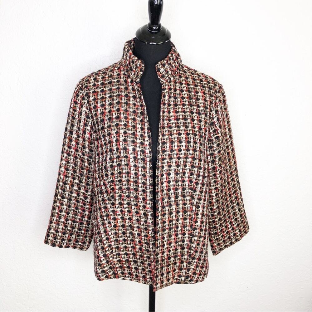 Chicos black red gold metallic tweed wool blend blazer size 2 or Large NWT